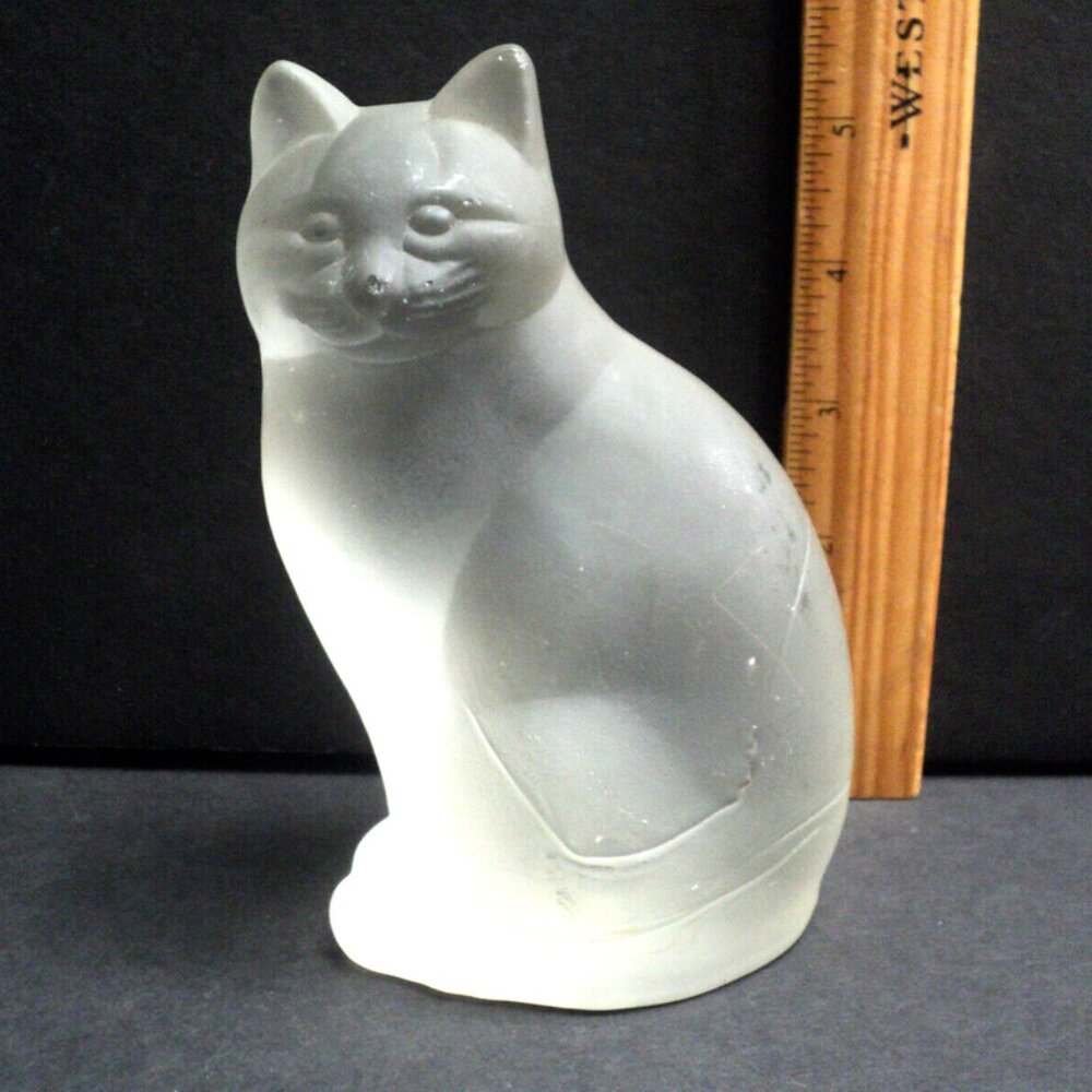 Cat Figurine by Nybro of Sweden Frosted Art Glass Paperweight Vintage 1985 Heavy